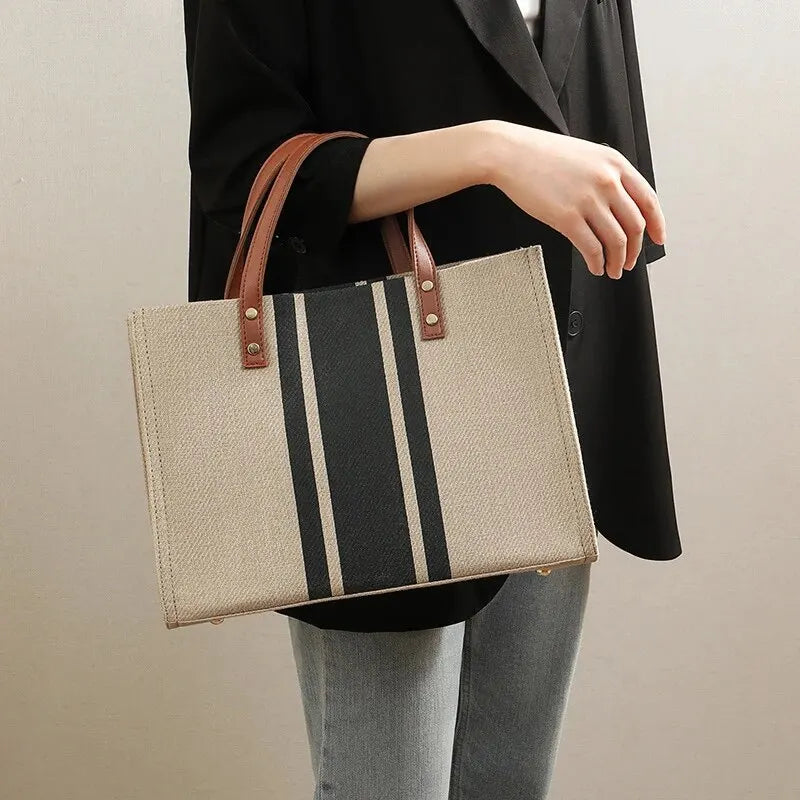 Tote Bag Textured Canvas with Faux Leather Handle and Pockets