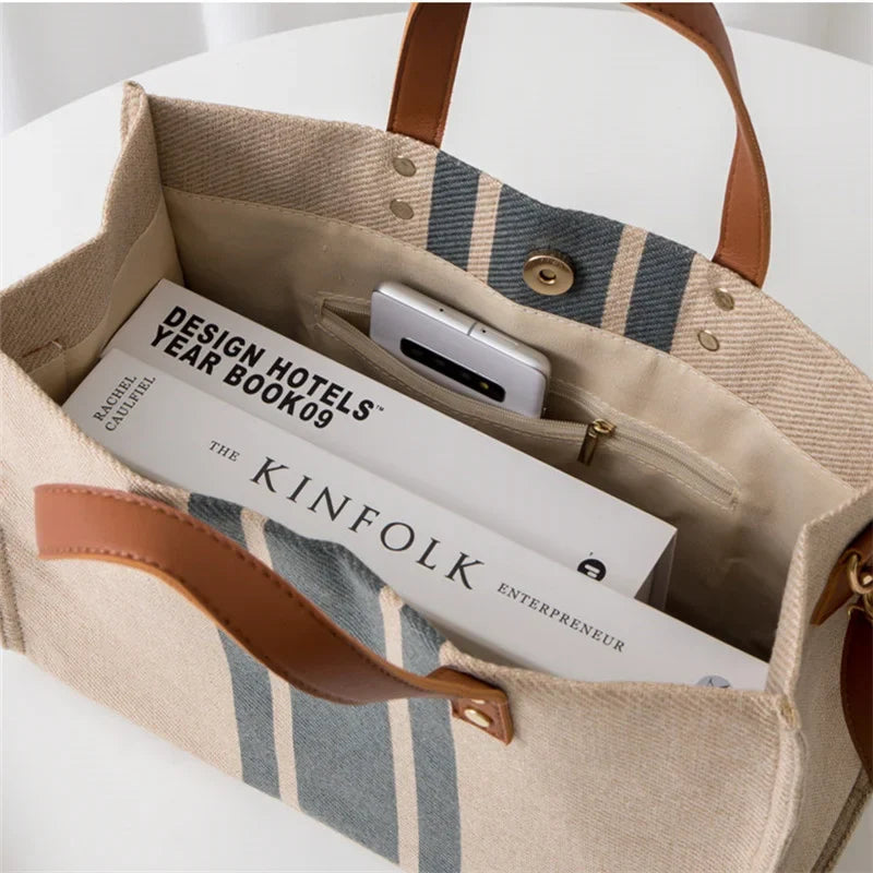 Tote Bag Textured Canvas with Faux Leather Handle and Pockets