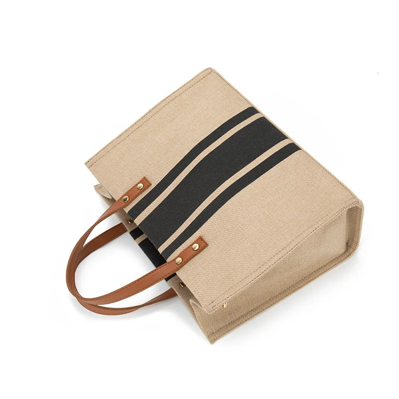 Tote Bag Textured Canvas with Faux Leather Handle and Pockets