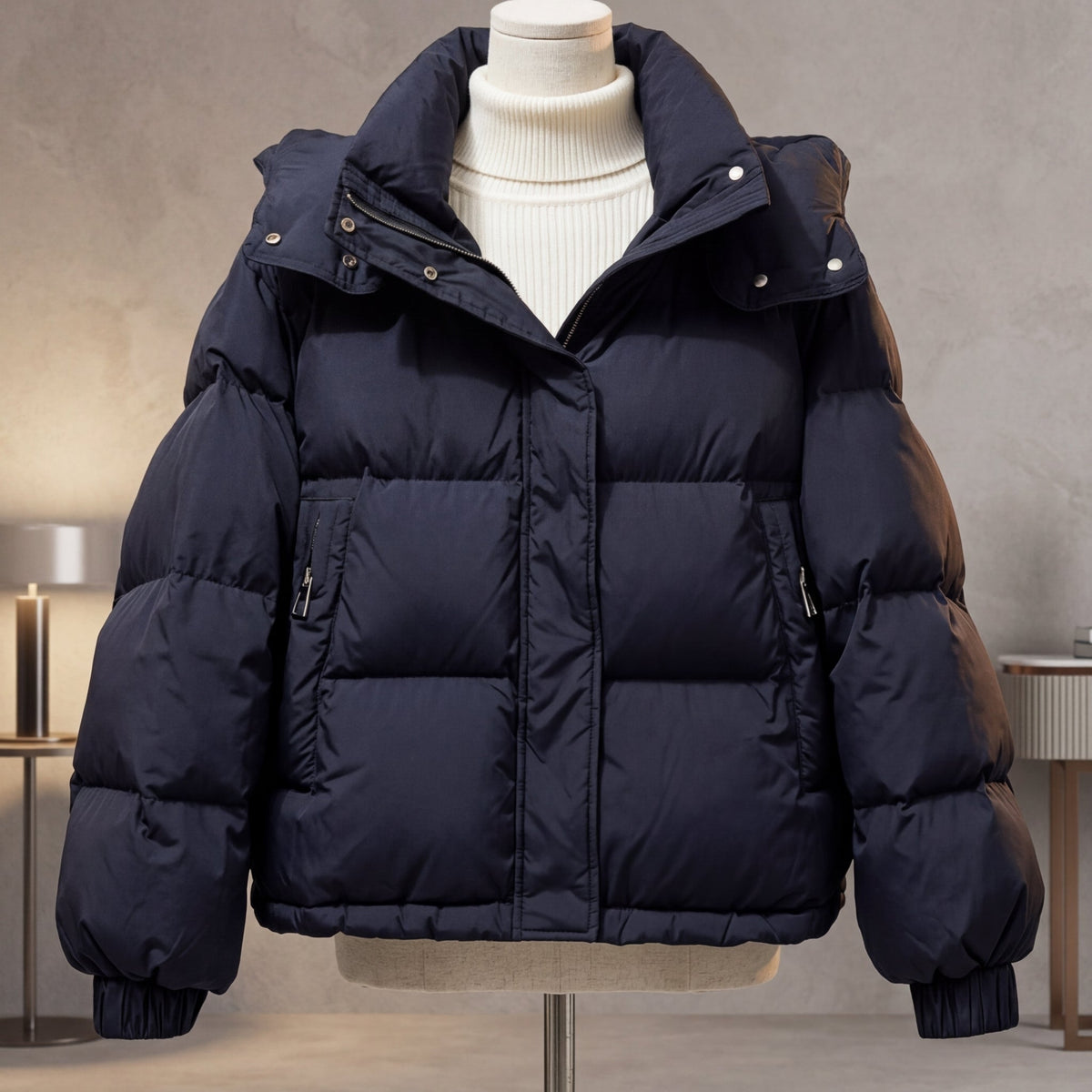 Puffer Jacket Polyester Cropped Oversized with Stand Collar and Zip
