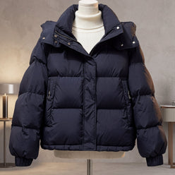 Puffer Jacket Polyester Cropped Oversized with Stand Collar and Zip