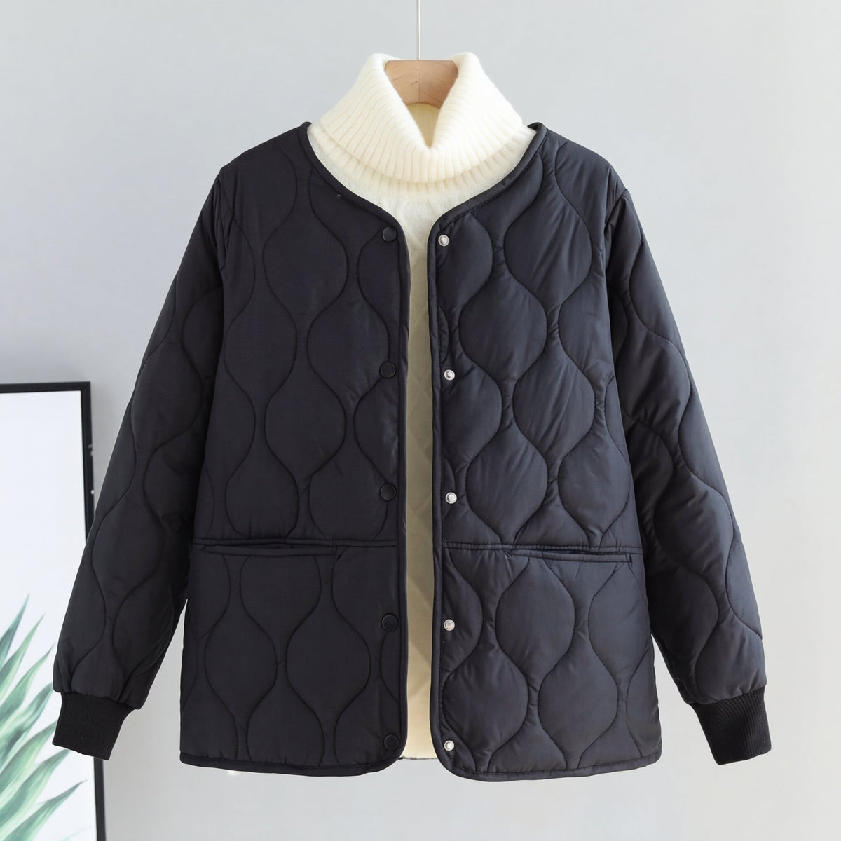 Parka Cotton-Padded Quilted Windproof with Single-Breasted Closure