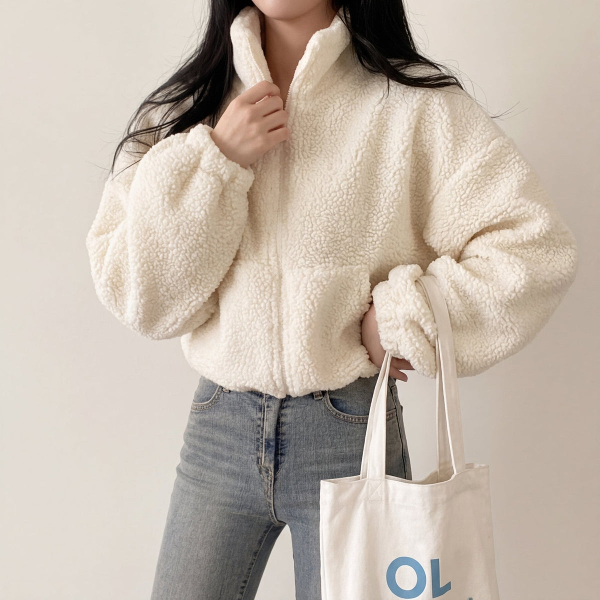 Fleece Jacket Sherpa Teddy Cropped with Half-Zip and Funnel Neck