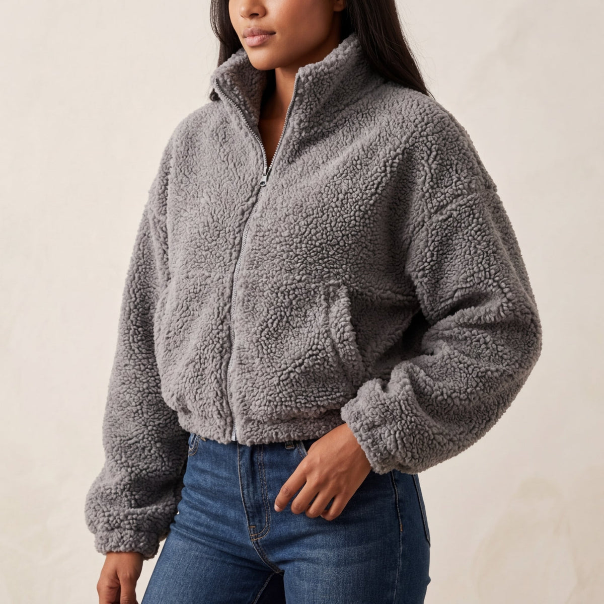Fleece Jacket Sherpa Teddy Cropped with Half-Zip and Funnel Neck