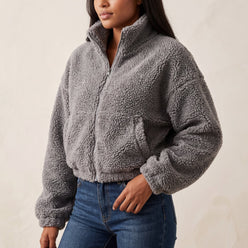 Fleece Jacket Sherpa Teddy Cropped with Half-Zip and Funnel Neck