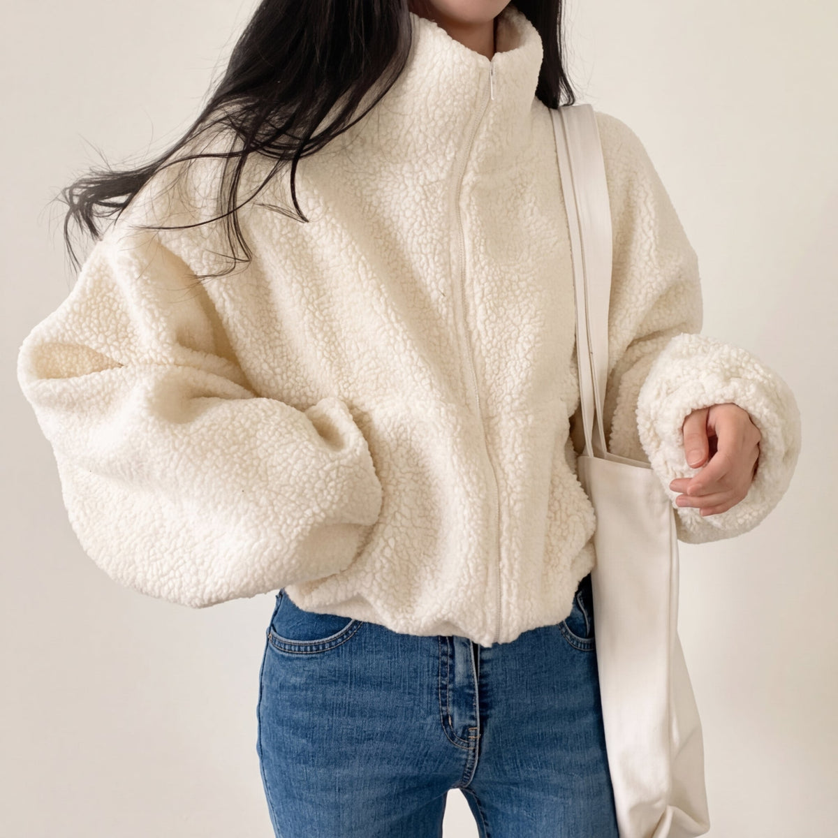 Fleece Jacket Sherpa Teddy Cropped with Half-Zip and Funnel Neck