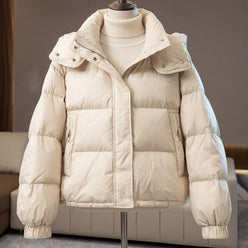 Puffer Jacket Polyester Cropped Oversized with Stand Collar and Zip