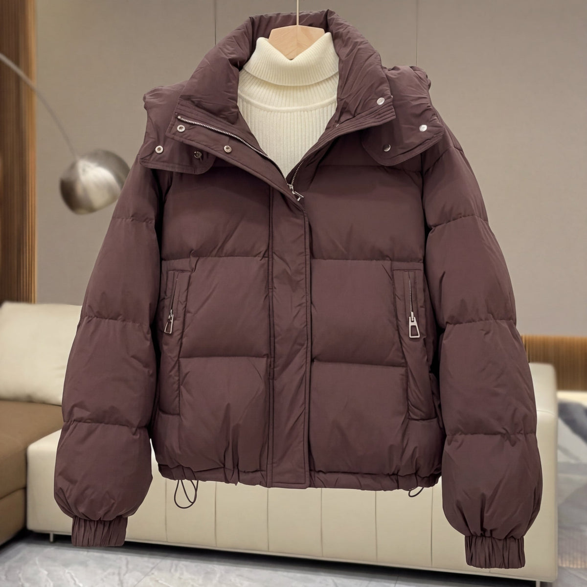 Puffer Jacket Polyester Cropped Oversized with Stand Collar and Zip