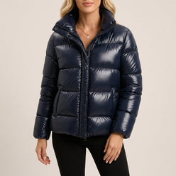 Puffer Jacket Glossy Polyester with Slim Fit and Zip Closure