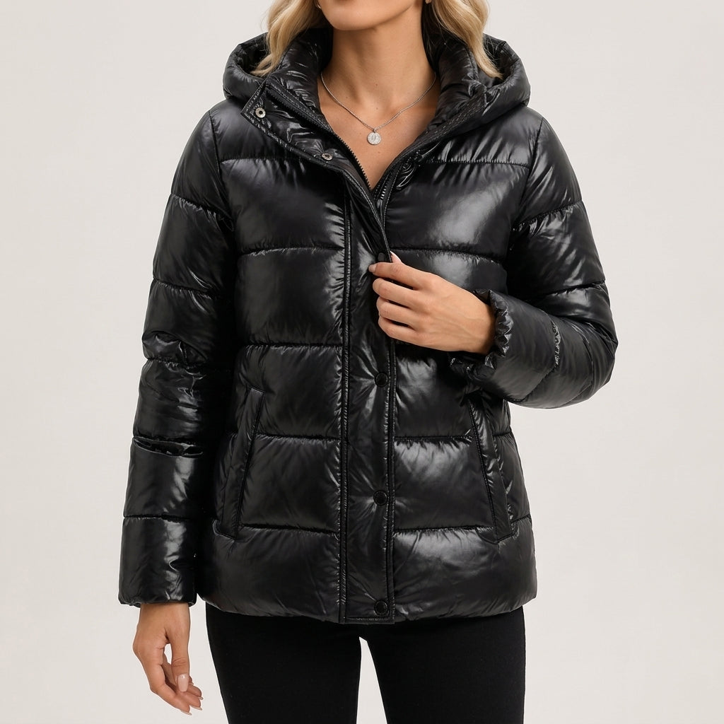Puffer Jacket Glossy Polyester with Slim Fit and Zip Closure