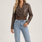 Bomber Jacket Faux Leather with Collared V-Neck and Snap Closures