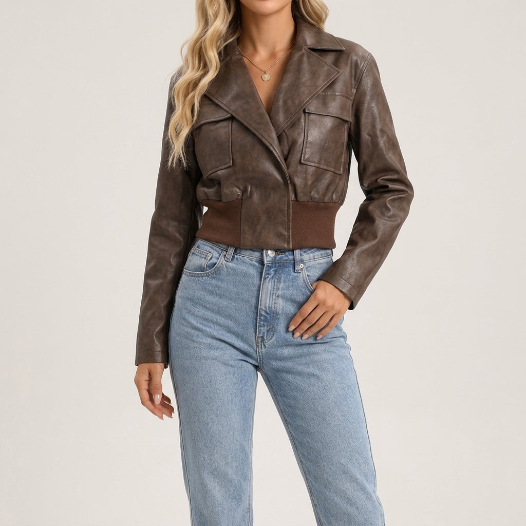 Bomber Jacket Faux Leather with Collared V-Neck and Snap Closures
