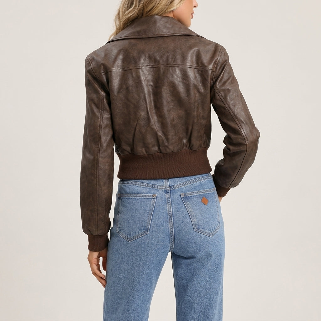 Bomber Jacket Faux Leather with Collared V-Neck and Snap Closures