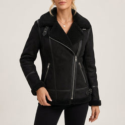 Aviator Jacket Faux Suede with Faux Shearling Lining and Belted Waist