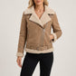 Aviator Jacket Faux Suede with Faux Shearling Lining and Belted Waist