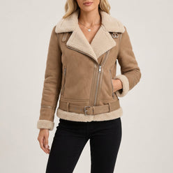 Aviator Jacket Faux Suede with Faux Shearling Lining and Belted Waist