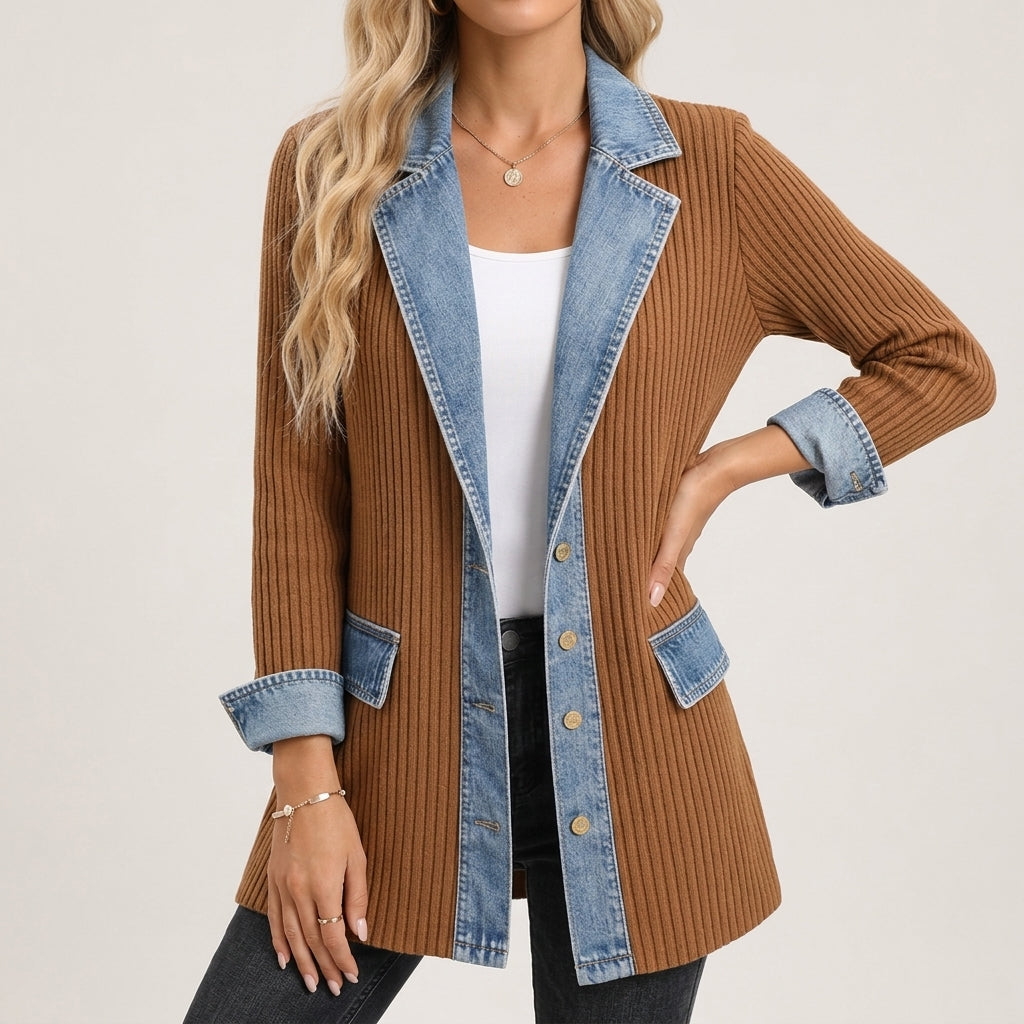 Knit Jacket Polyester with Denim-Inspired Accents and Mixed Texture