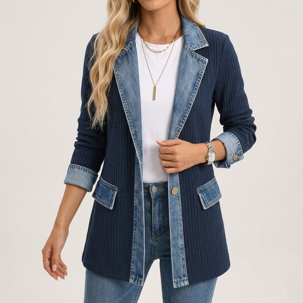 Knit Jacket Polyester with Denim-Inspired Accents and Mixed Texture