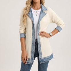 Knit Jacket Polyester with Denim-Inspired Accents and Mixed Texture