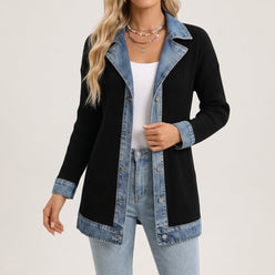 Knit Jacket Polyester with Denim-Inspired Accents and Mixed Texture