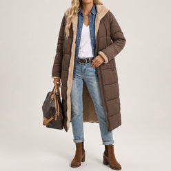 Insulated Coat Polyester Mid-Calf Loose with Cosy Hood and Front Zip