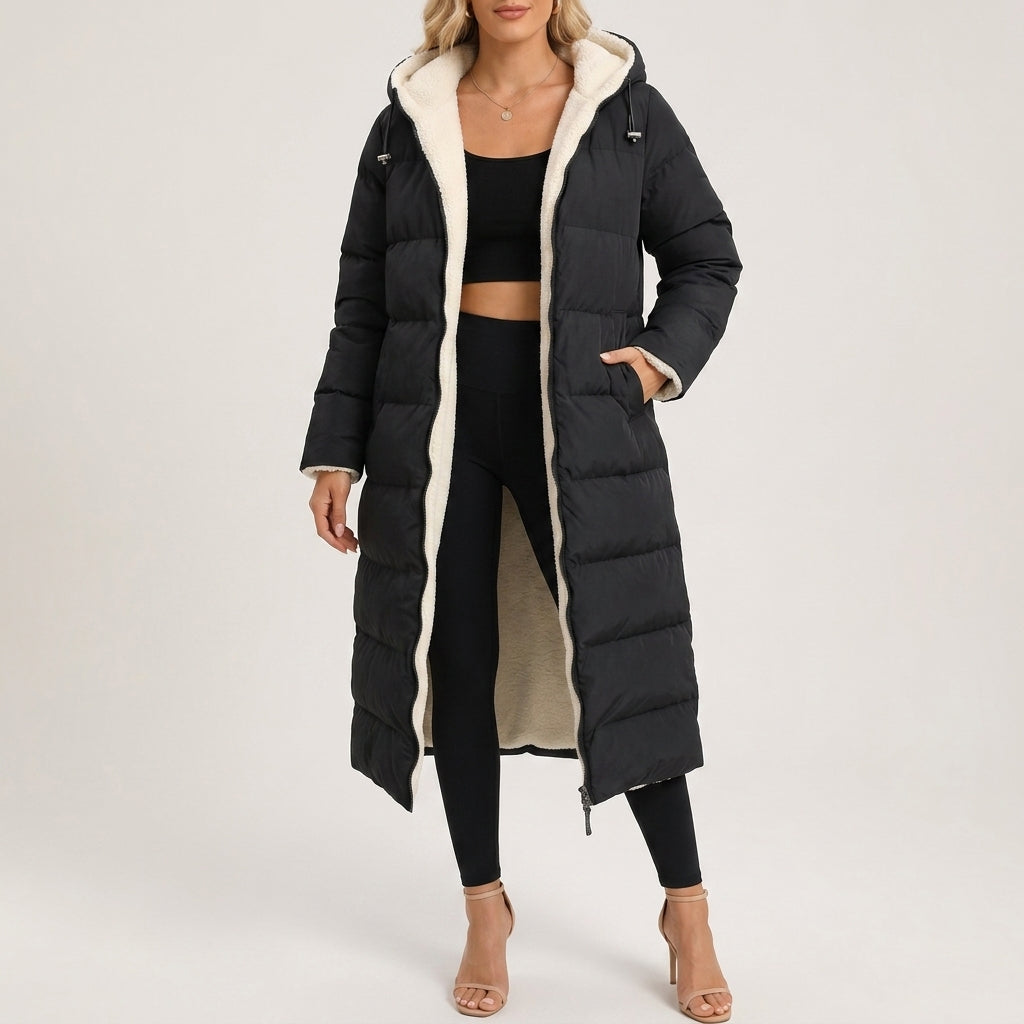 Insulated Coat Polyester Mid-Calf Loose with Cosy Hood and Front Zip
