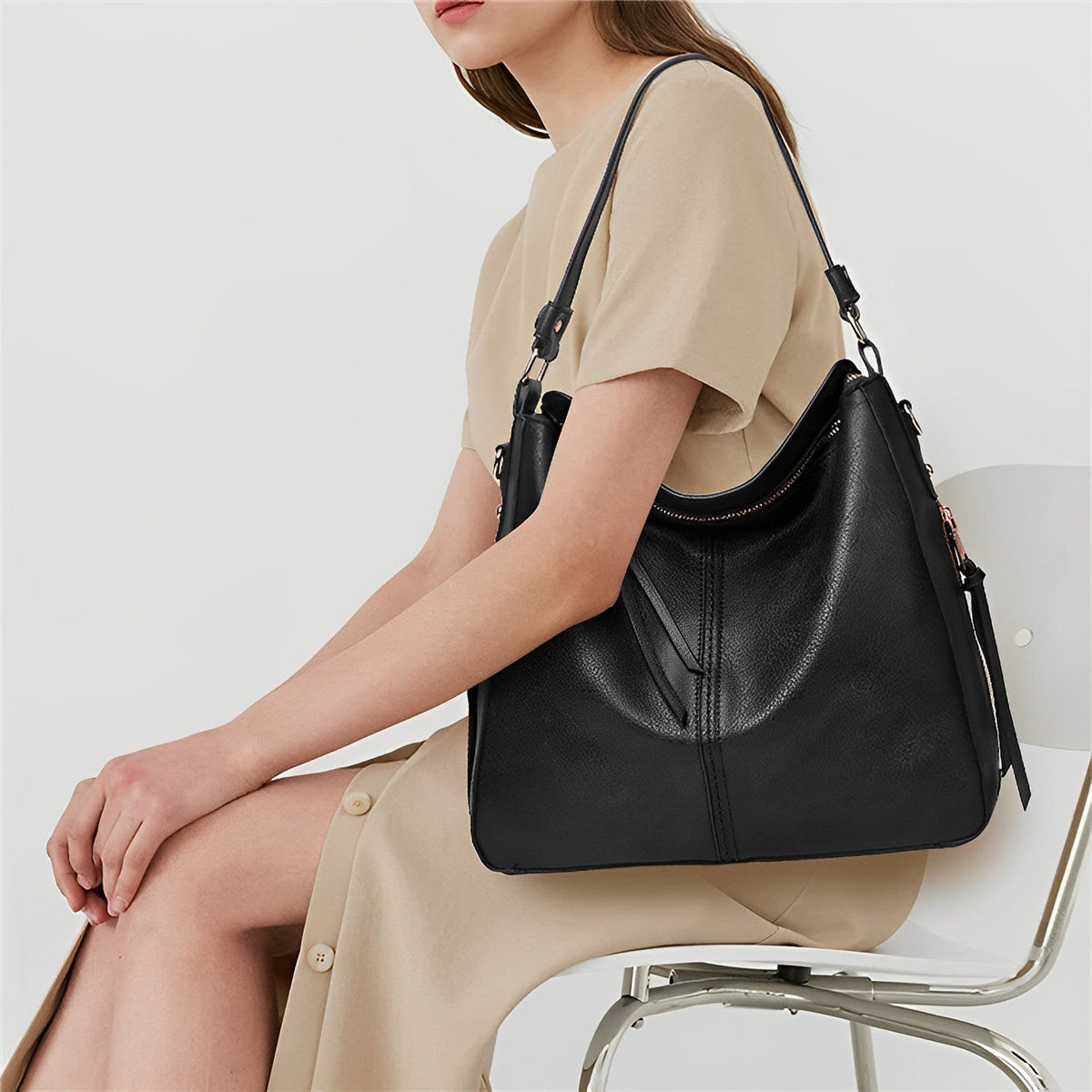 Top Handle Bag Faux Leather with Removable Strap and Zip Top