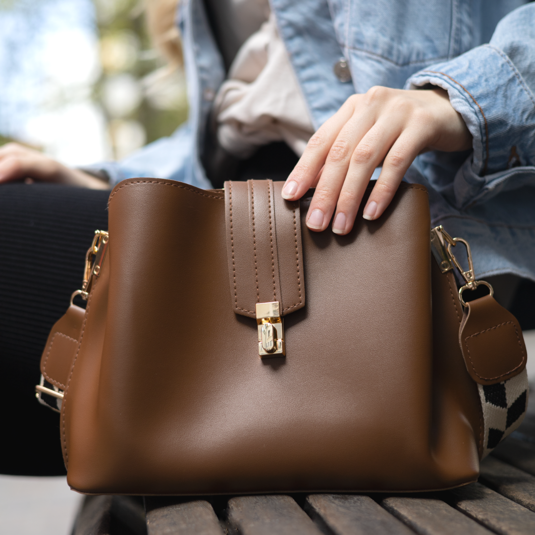 Crossbody Bag Faux Leather with Canvas Strap and Metal Clasp