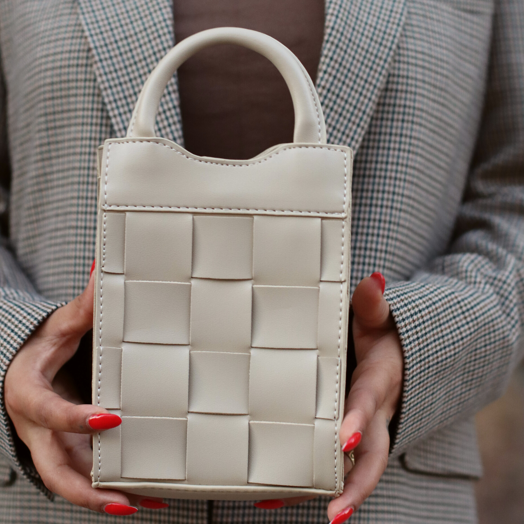 Phone Bag Faux Leather Woven with Top Handles and Strap