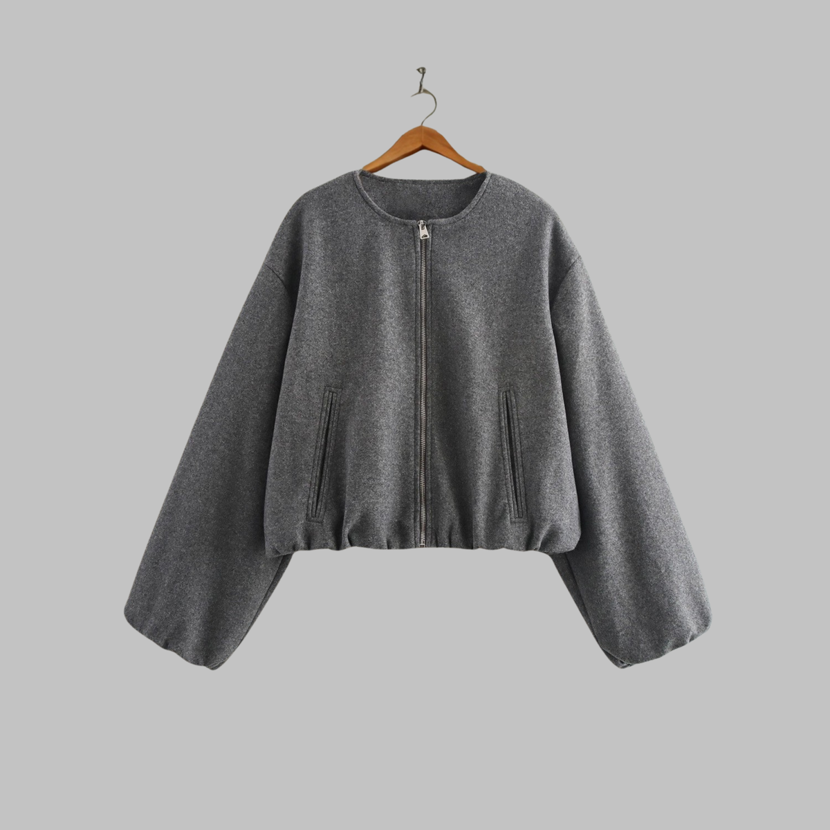 Cropped Jacket Polyester Boxy with Full Zip and Elasticated Hem