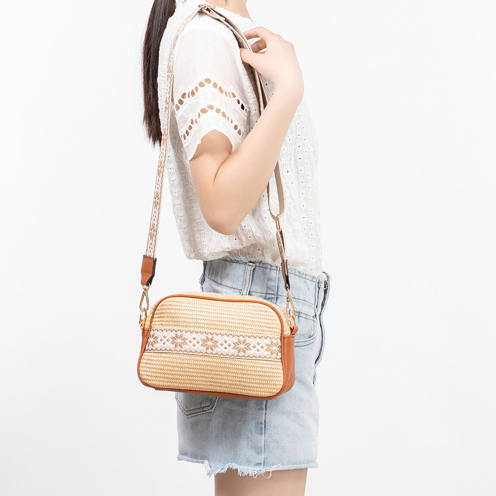 Crossbody Bag Straw Faux Leather with Adjustable Strap