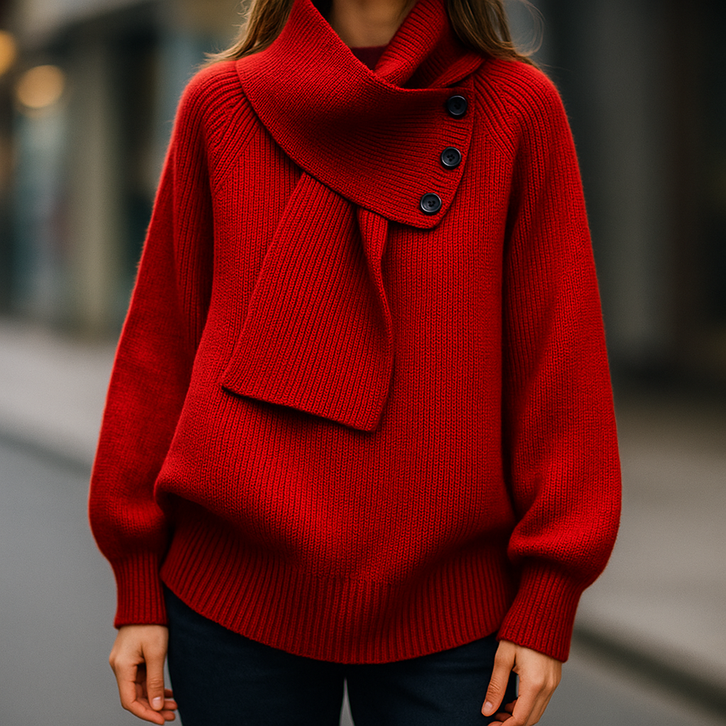 Ribbed Scarf-Neck Knit Jumper