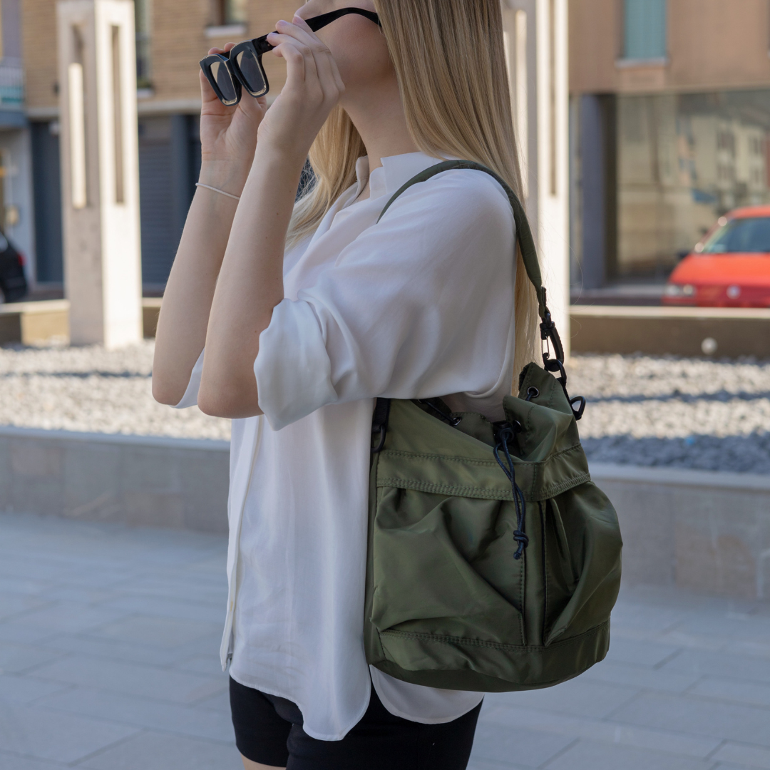 Bucket Bag Nylon with Drawstring, Top Handles and Strap