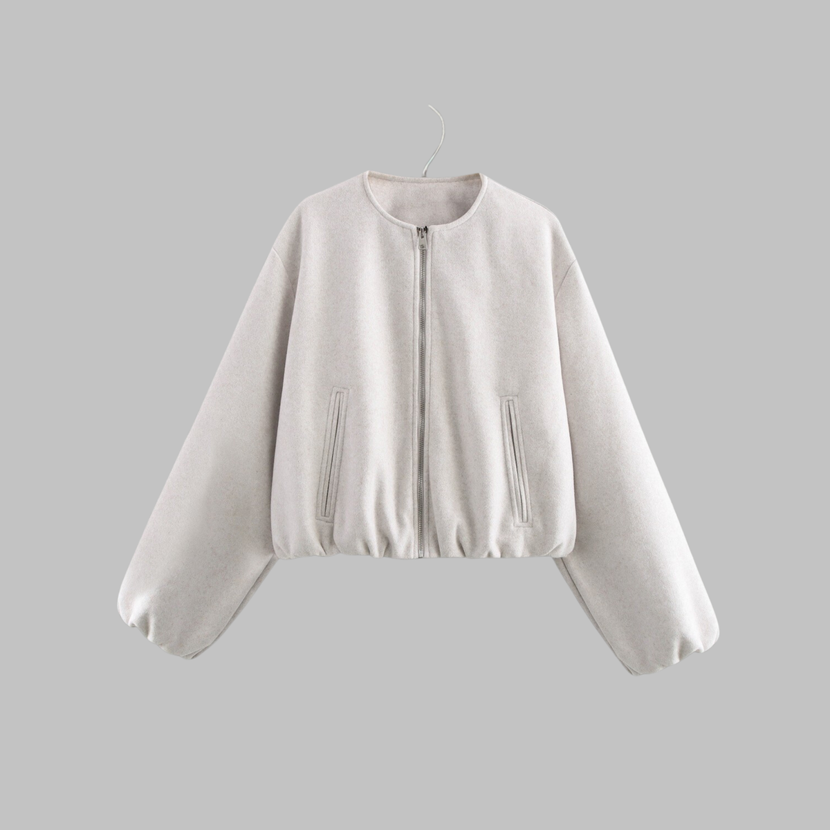 Cropped Jacket Polyester Boxy with Full Zip and Elasticated Hem