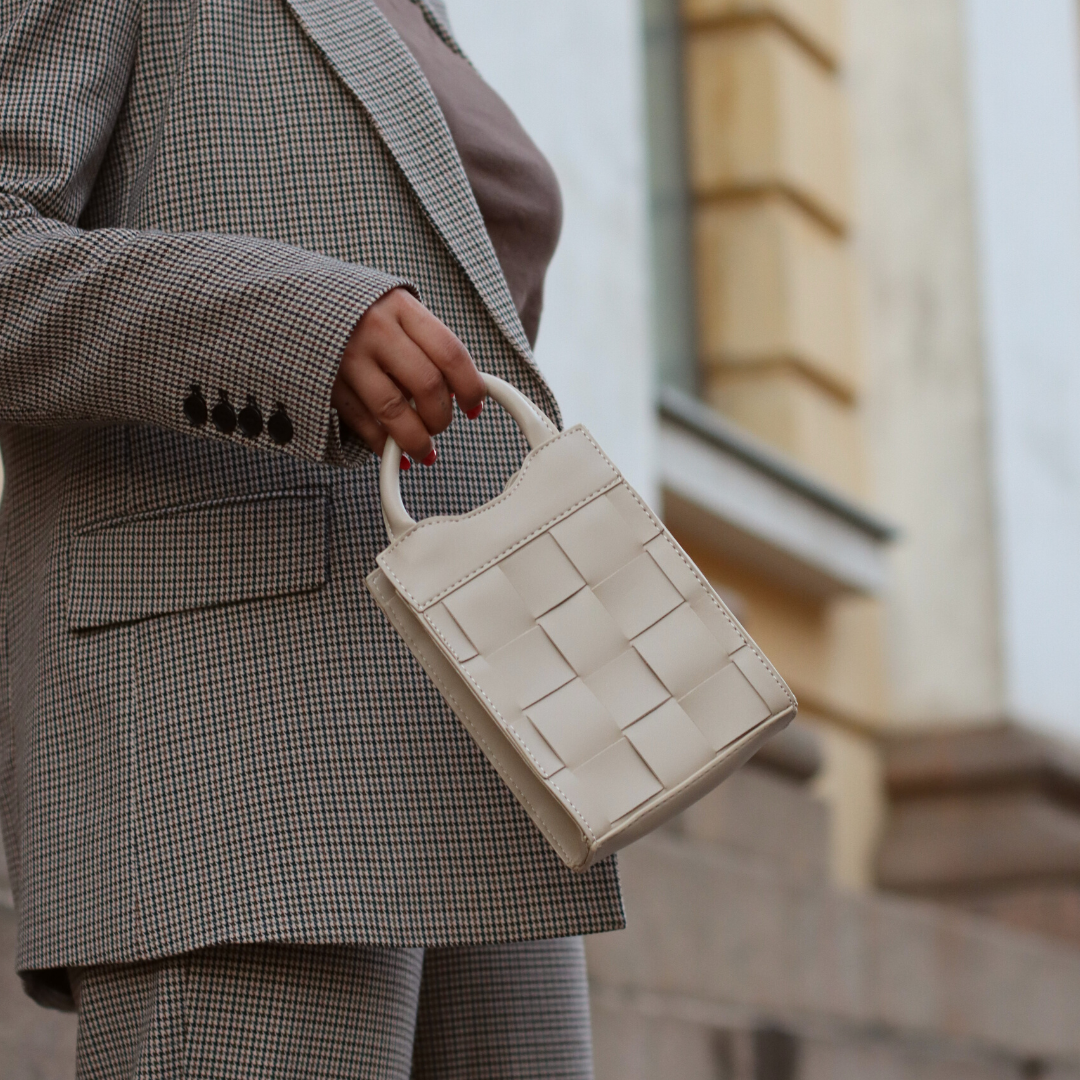 Phone Bag Faux Leather Woven with Top Handles and Strap