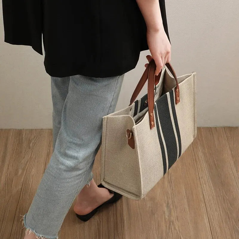 Tote Bag Textured Canvas with Faux Leather Handle and Pockets