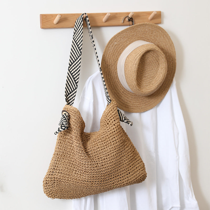 Straw Bag with Faux Leather Finishes and Braided Rope Strap