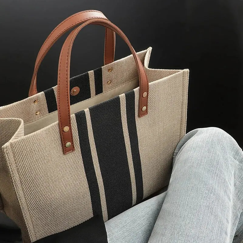Tote Bag Textured Canvas with Faux Leather Handle and Pockets