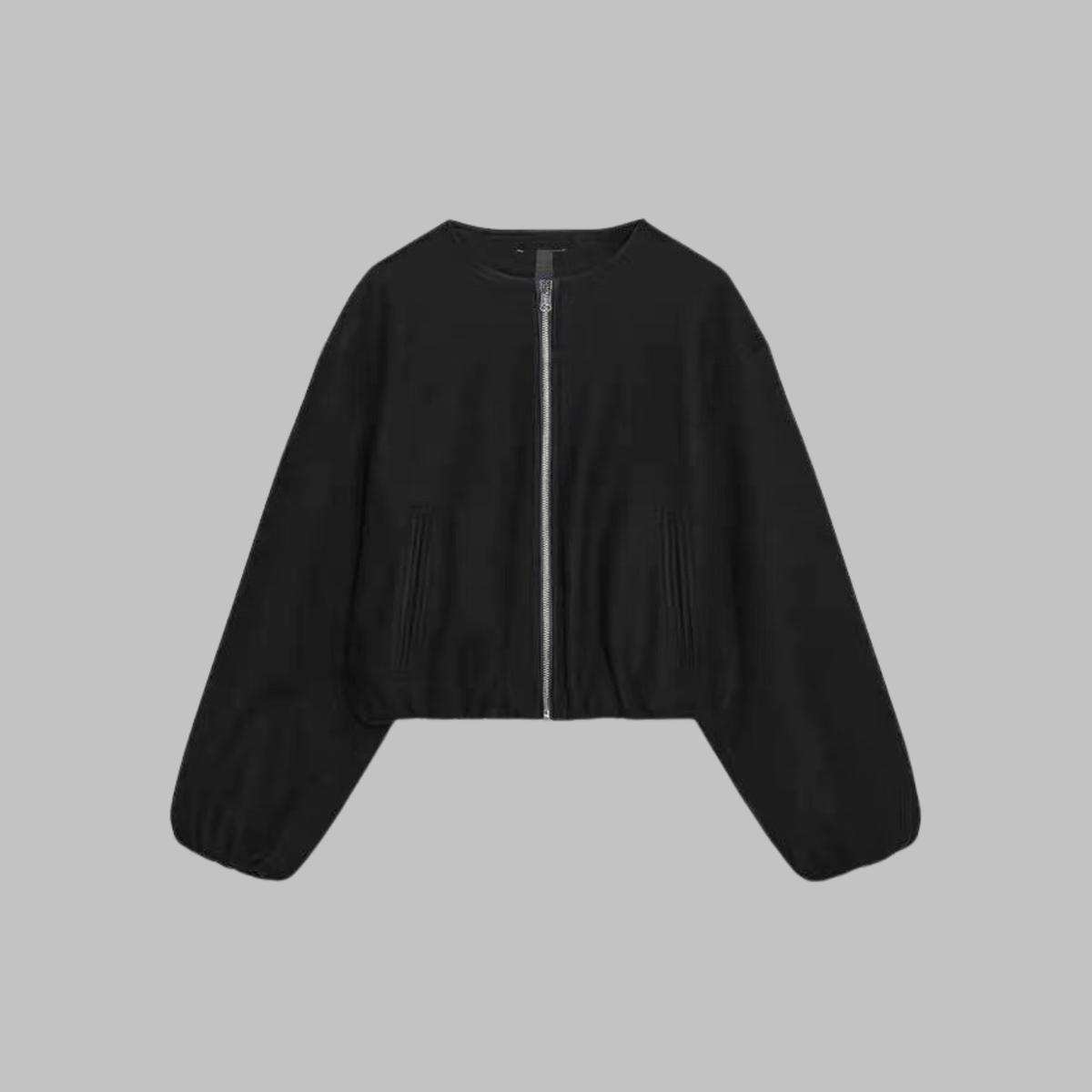 Cropped Jacket Polyester Boxy with Full Zip and Elasticated Hem
