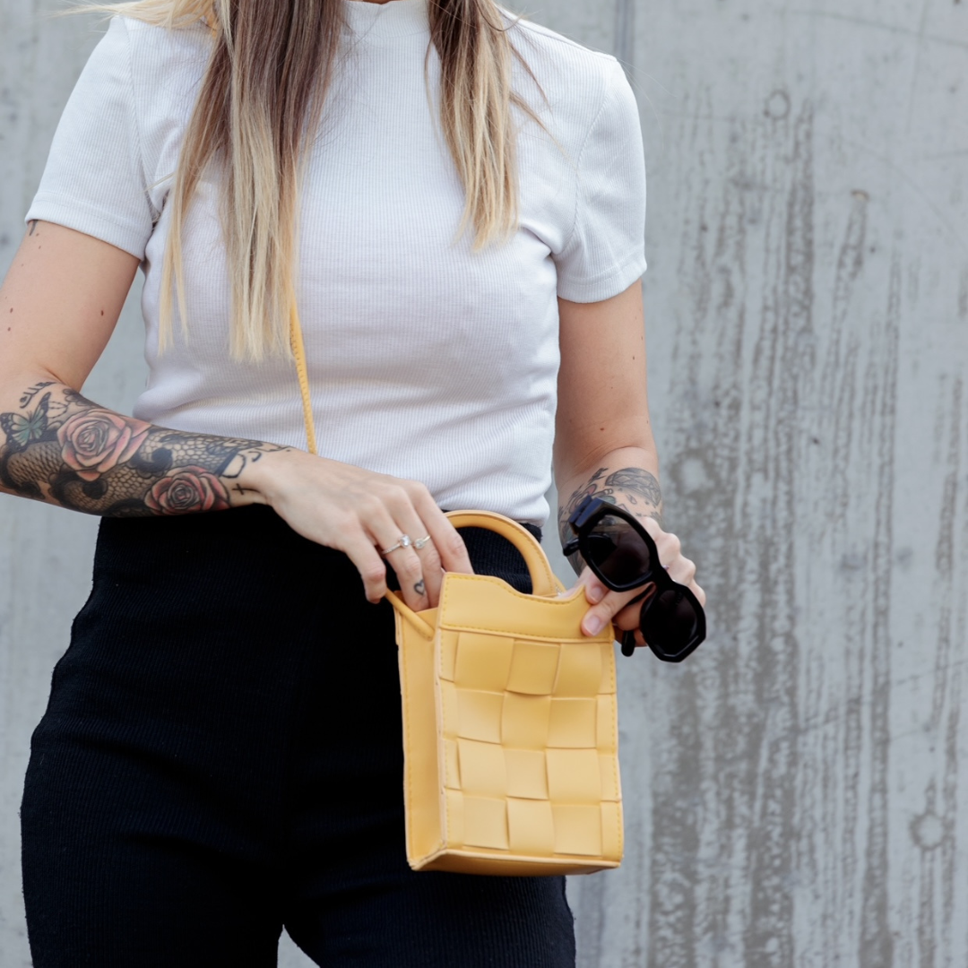 Phone Bag Faux Leather Woven with Top Handles and Strap