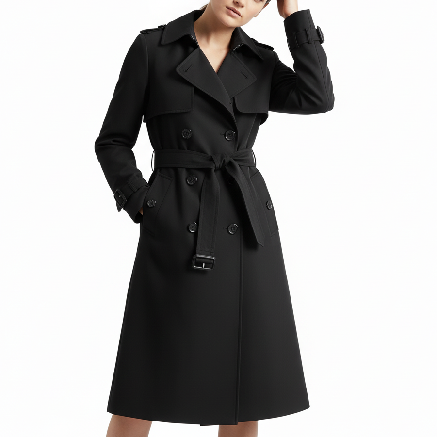 Trench Coat Polyester Longline Single-Breasted with Smooth Finish