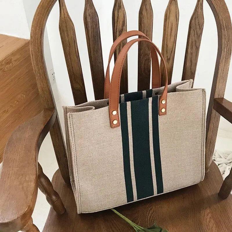 Tote Bag Textured Canvas with Faux Leather Handle and Pockets