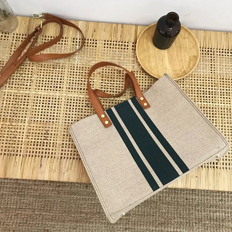 Tote Bag Textured Canvas with Faux Leather Handle and Pockets