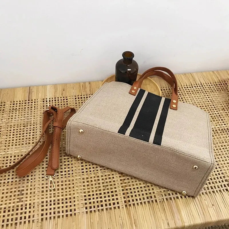 Tote Bag Textured Canvas with Faux Leather Handle and Pockets