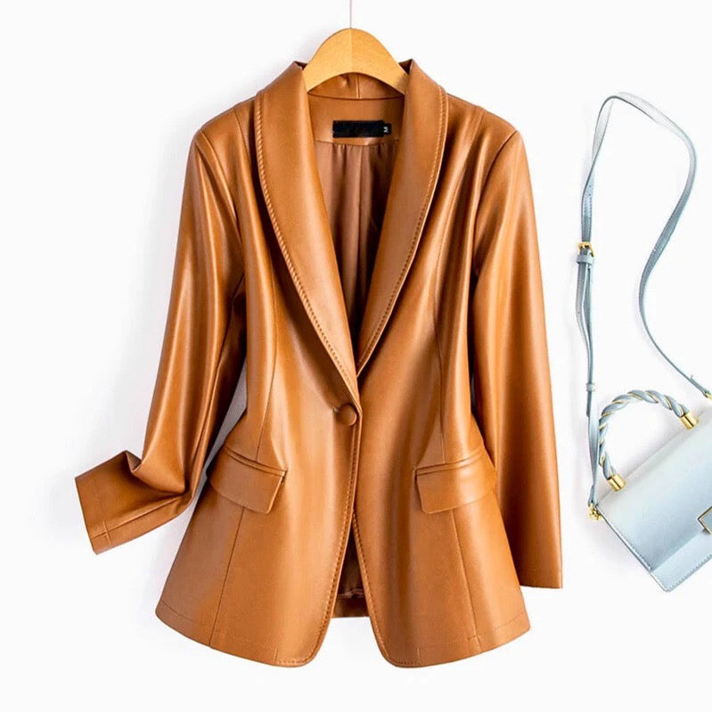 Blazer Faux Leather Longline with Notch Lapel and Single Button