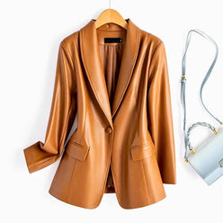 Blazer Faux Leather Longline with Notch Lapel and Single Button