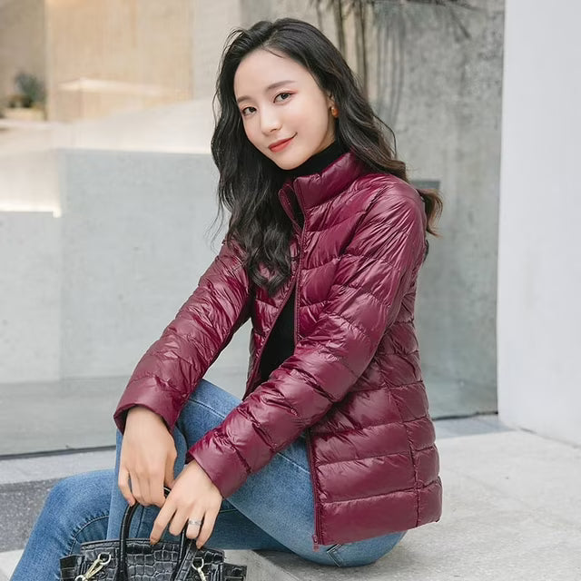 Quilted Jacket Polyester Lightweight with Stand Collar, Tailored Fit