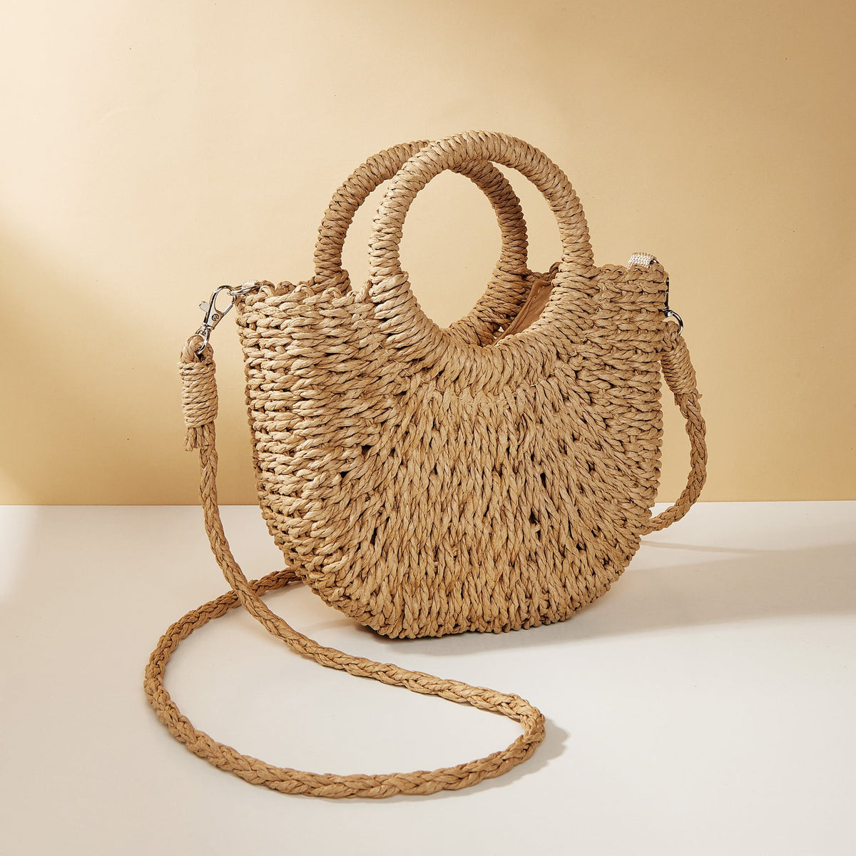 Straw Bag with Top Handles and Shoulder Strap