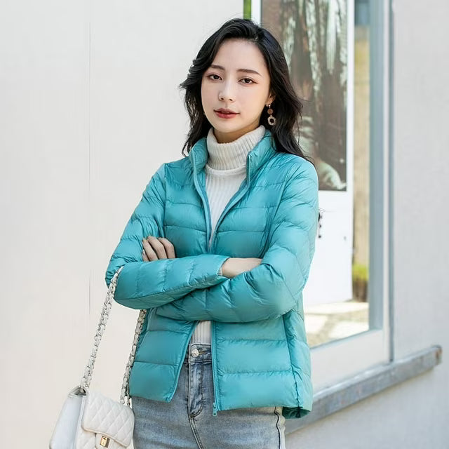 Quilted Jacket Polyester Lightweight with Stand Collar, Tailored Fit