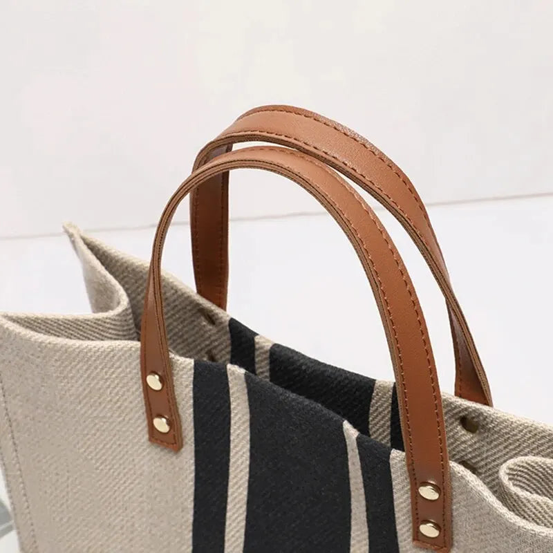 Tote Bag Textured Canvas with Faux Leather Handle and Pockets